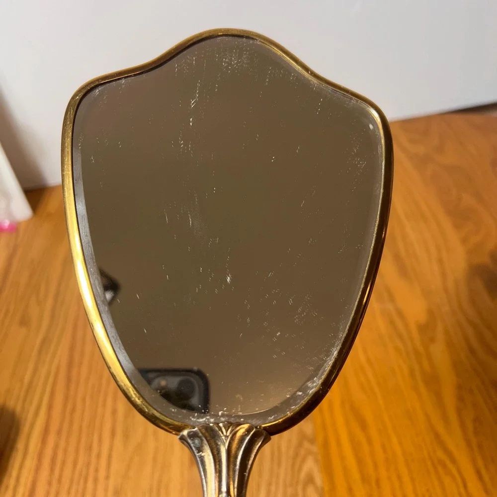 Vintage Hand Mirror Brass Floral Vanity Mirror Ornate Flower Basket Boudoir Dec